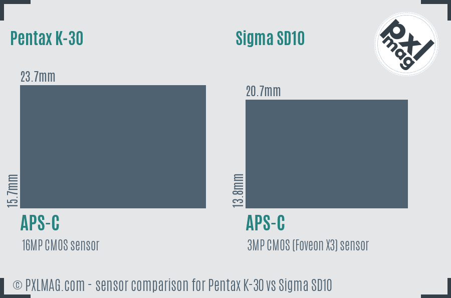 Pentax K-30 vs Sigma SD10 sensor size comparison