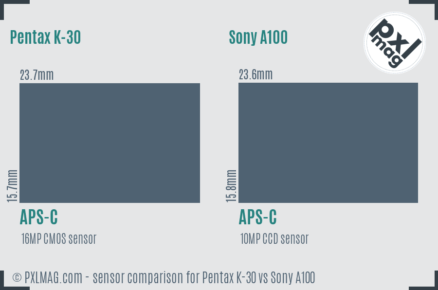 Pentax K-30 vs Sony A100 sensor size comparison