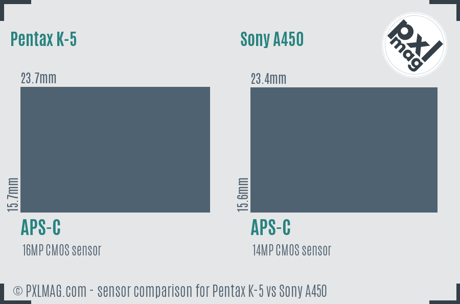Pentax K-5 vs Sony A450 sensor size comparison
