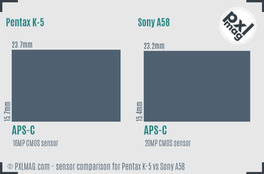 Pentax K-5 vs Sony A58 sensor size comparison Pentax K-5 vs Sony A58 sensor size comparison