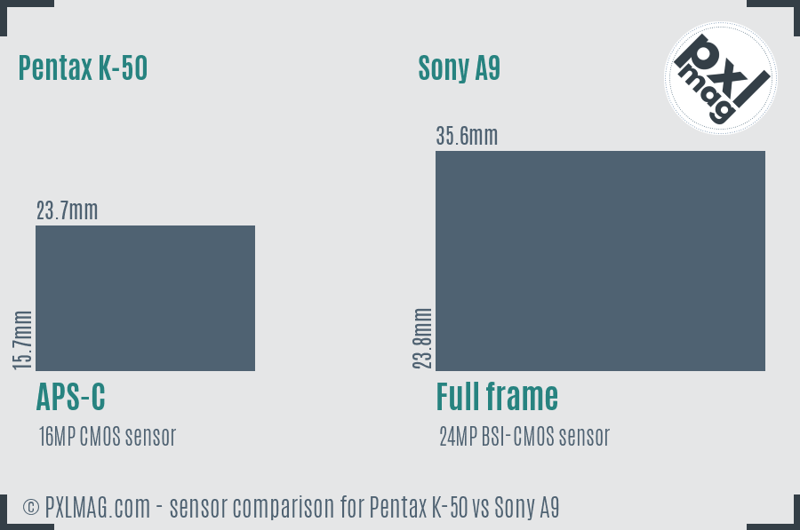 Pentax K-50 vs Sony A9 sensor size comparison