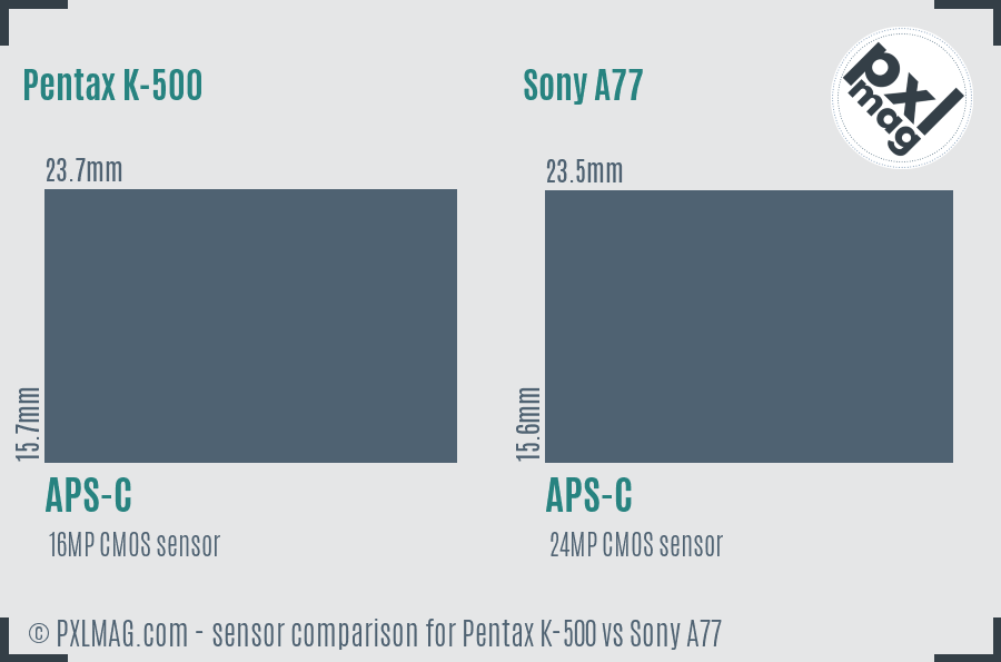 Pentax K-500 vs Sony A77 sensor size comparison Pentax K-500 vs Sony A77 sensor size comparison