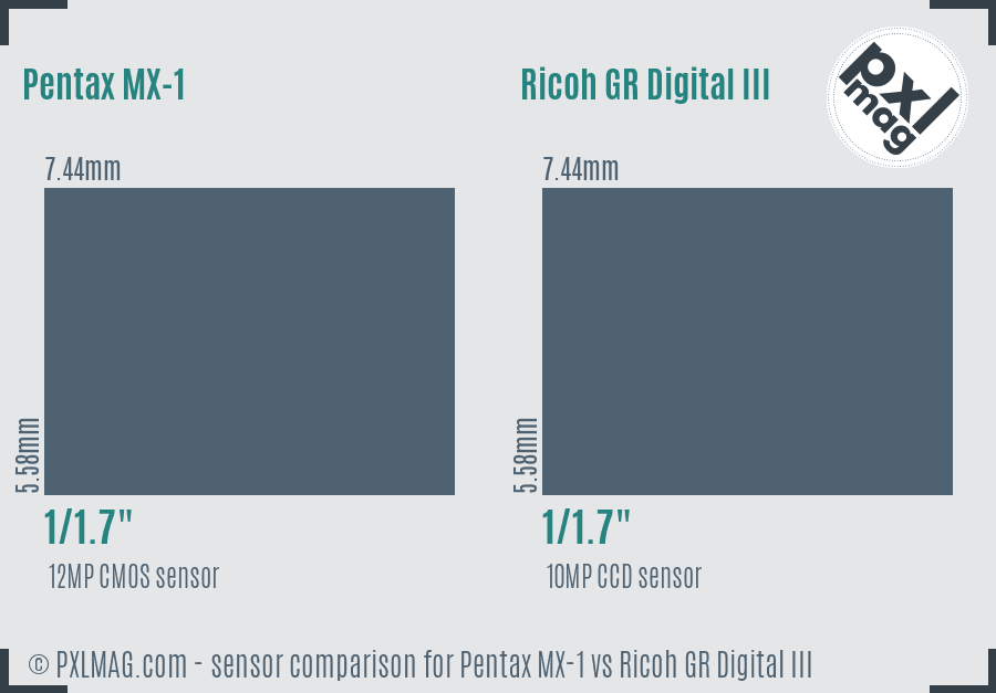 Pentax MX-1 vs Ricoh GR Digital III sensor size comparison