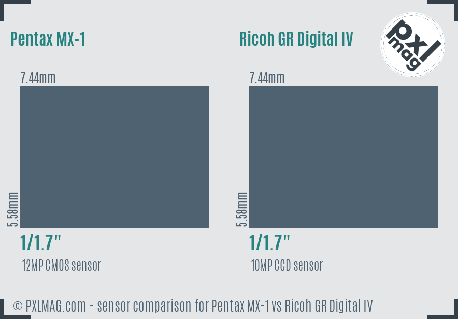 Pentax MX-1 vs Ricoh GR Digital IV sensor size comparison