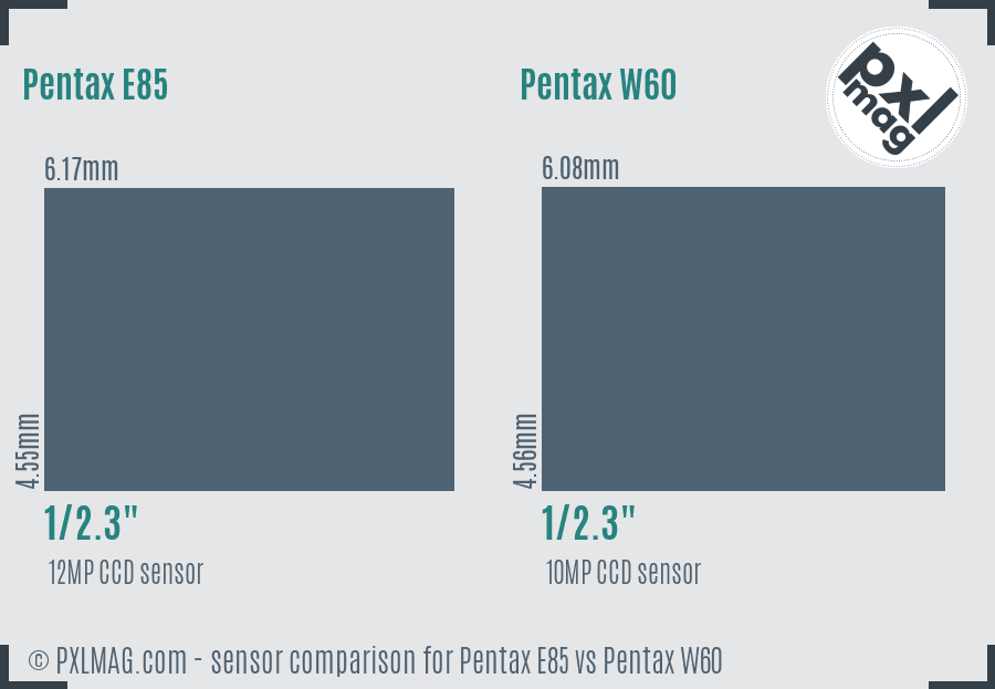 Pentax E85 vs Pentax W60 sensor size comparison