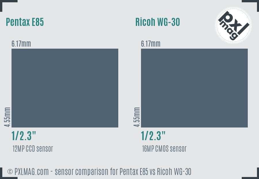 Pentax E85 vs Ricoh WG-30 sensor size comparison