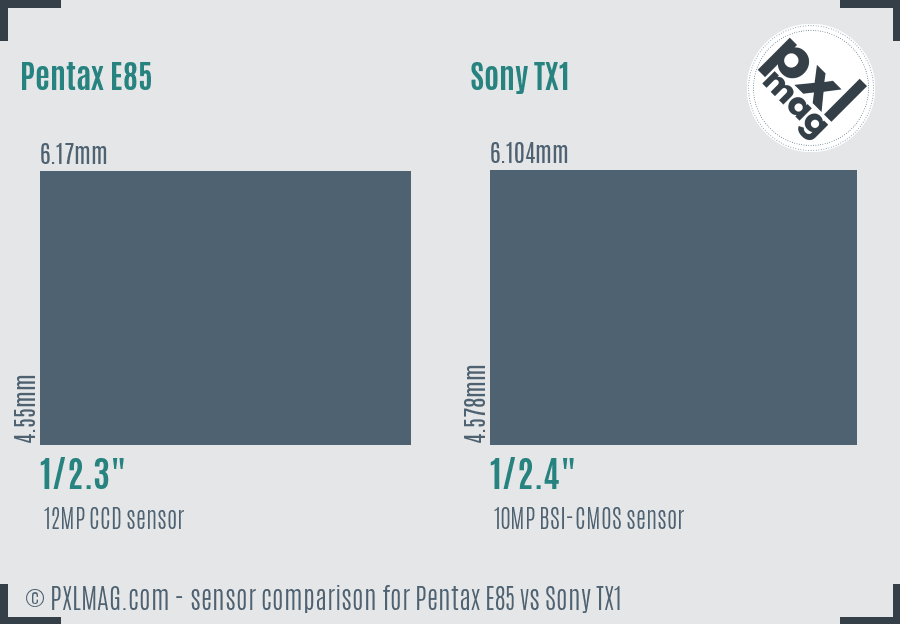 Pentax E85 vs Sony TX1 sensor size comparison