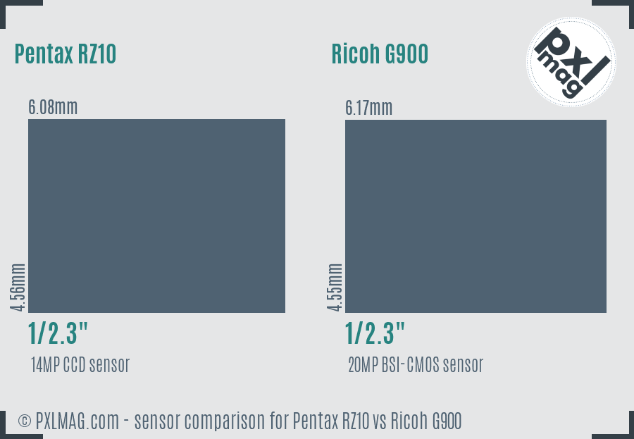 Pentax RZ10 vs Ricoh G900 sensor size comparison