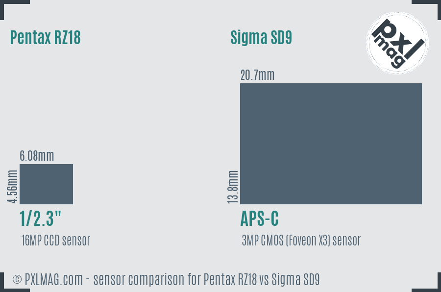 Pentax RZ18 vs Sigma SD9 sensor size comparison