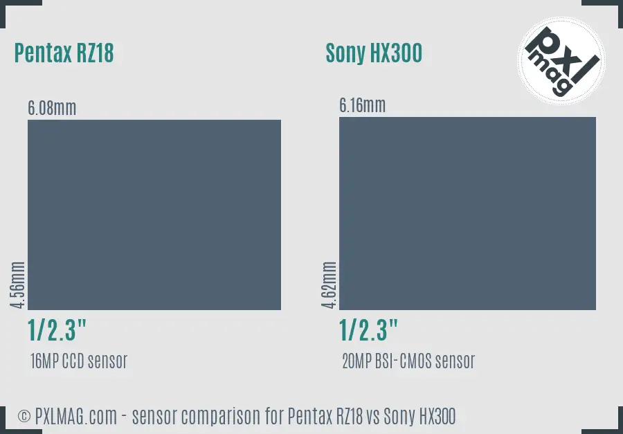 Pentax RZ18 vs Sony HX300 sensor size comparison