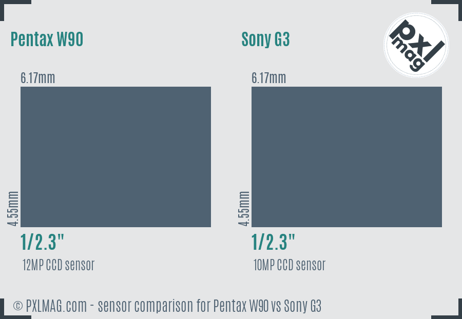 Pentax W90 vs Sony G3 sensor size comparison Pentax W90 vs Sony G3 sensor size comparison