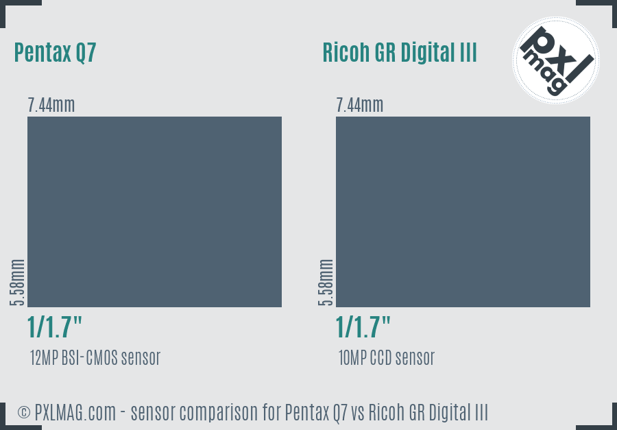 Pentax Q7 vs Ricoh GR Digital III sensor size comparison