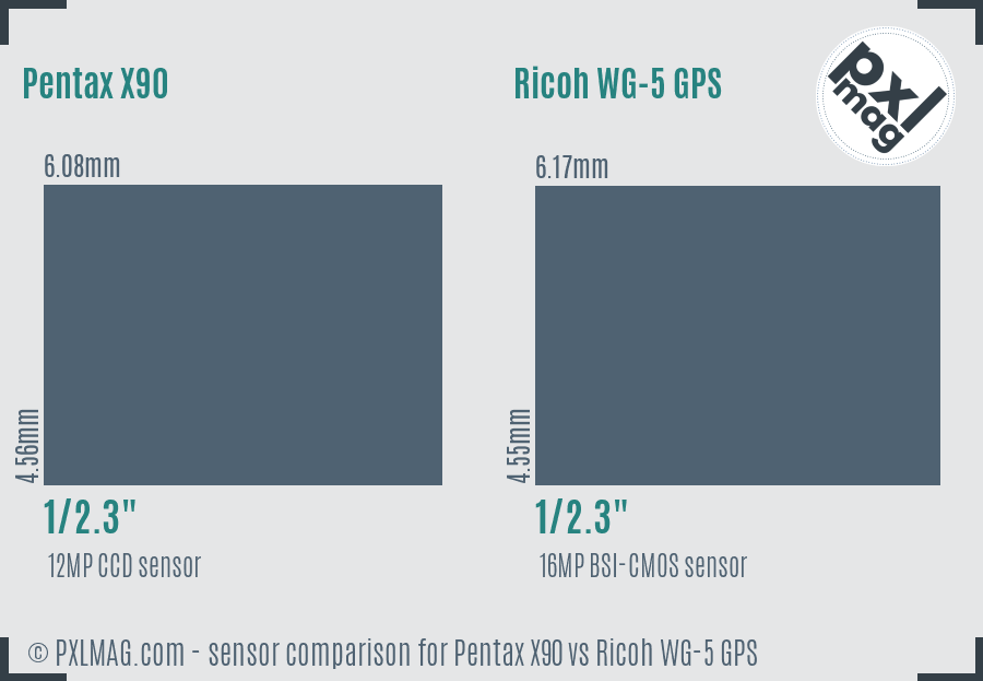 Pentax X90 vs Ricoh WG-5 GPS sensor size comparison