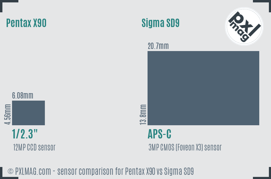 Pentax X90 vs Sigma SD9 sensor size comparison