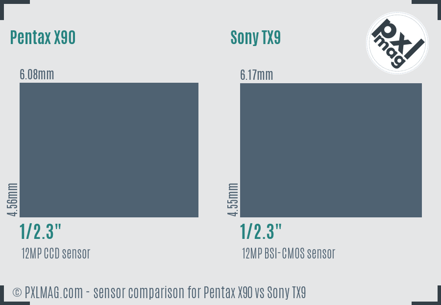 Pentax X90 vs Sony TX9 sensor size comparison