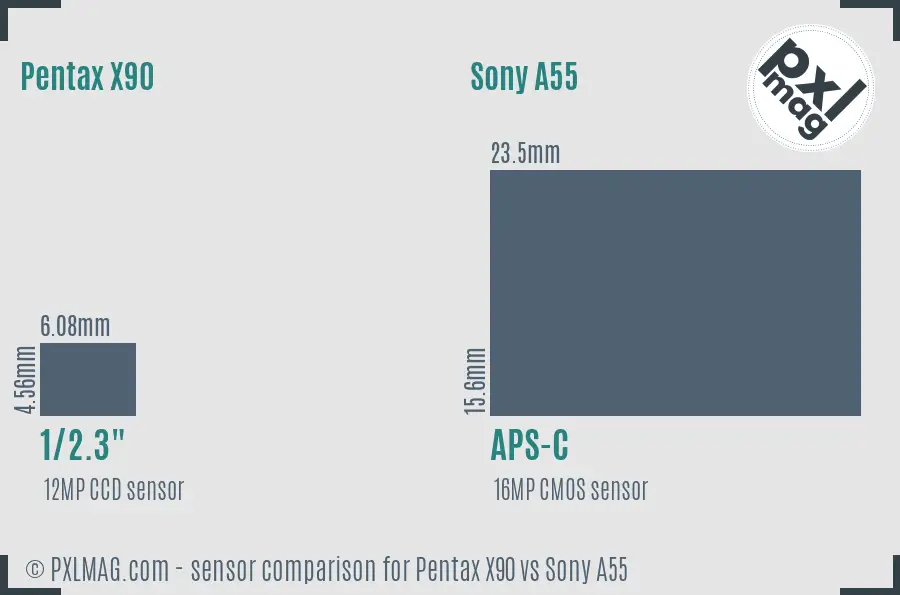 Pentax X90 vs Sony A55 sensor size comparison
