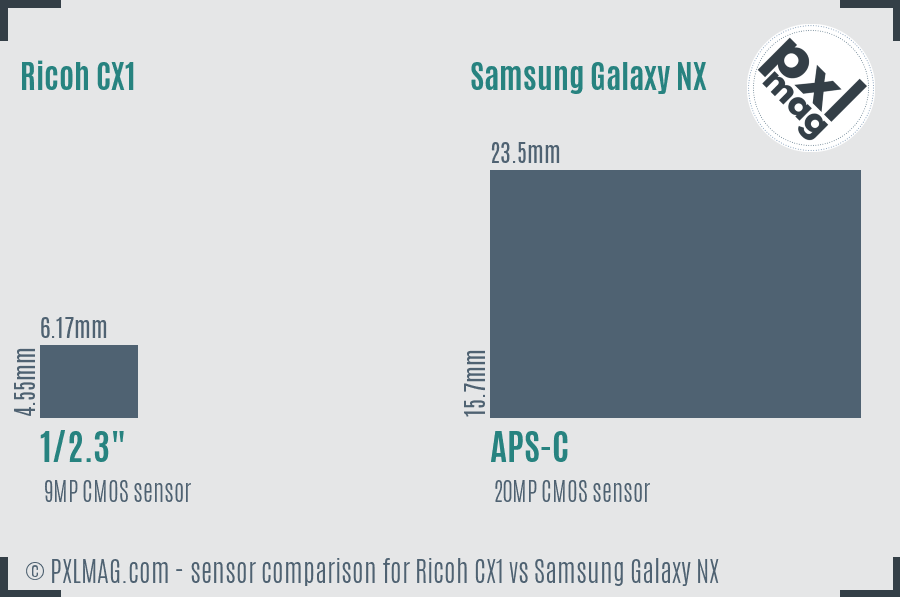 Ricoh CX1 vs Samsung Galaxy NX sensor size comparison