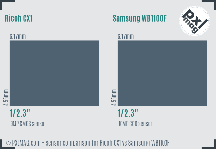 Ricoh CX1 vs Samsung WB1100F sensor size comparison