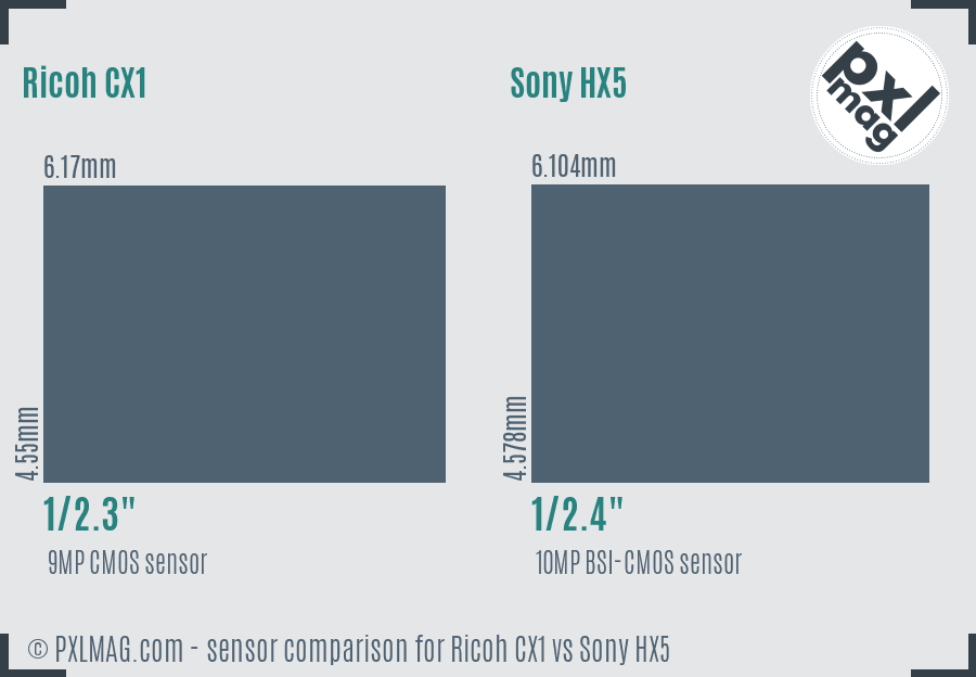 Ricoh CX1 vs Sony HX5 sensor size comparison