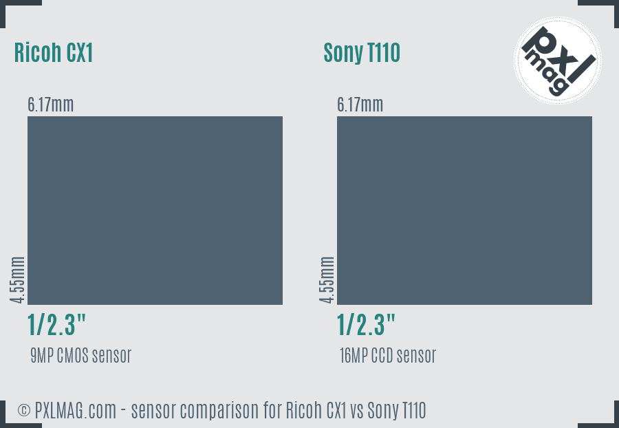 Ricoh CX1 vs Sony T110 sensor size comparison