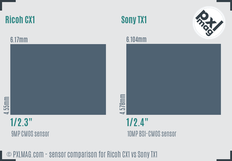 Ricoh CX1 vs Sony TX1 sensor size comparison
