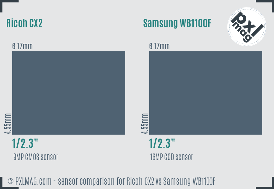Ricoh CX2 vs Samsung WB1100F sensor size comparison
