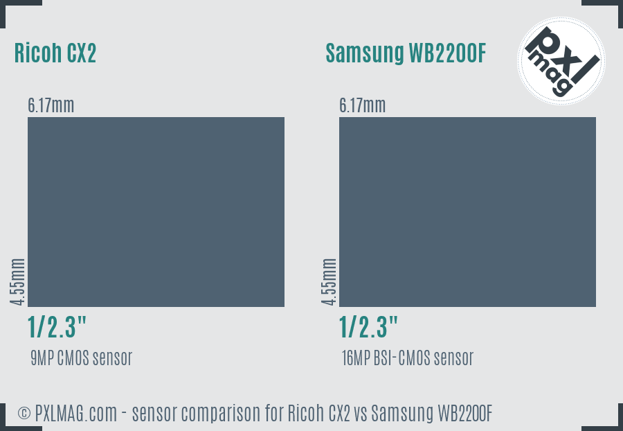 Ricoh CX2 vs Samsung WB2200F sensor size comparison