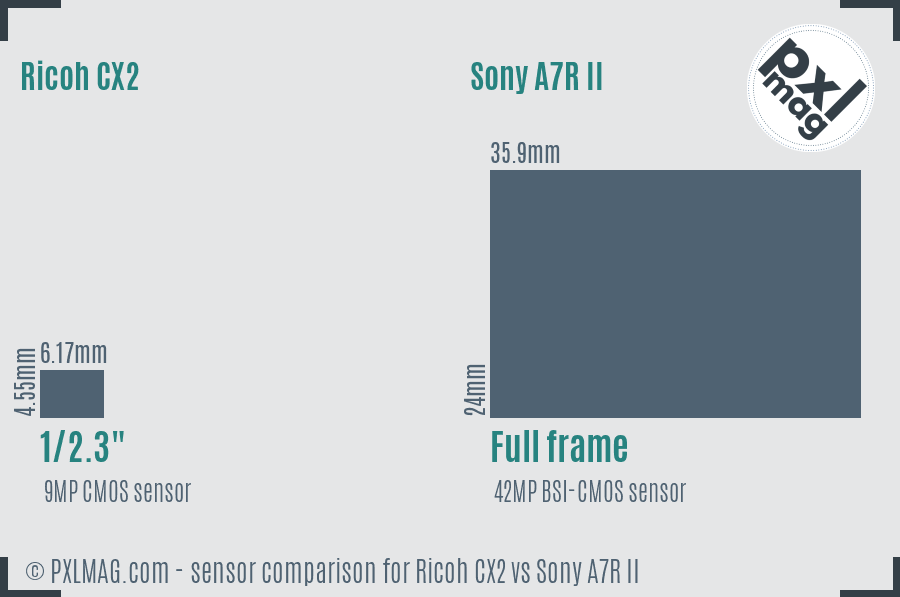 Ricoh CX2 vs Sony A7R II sensor size comparison