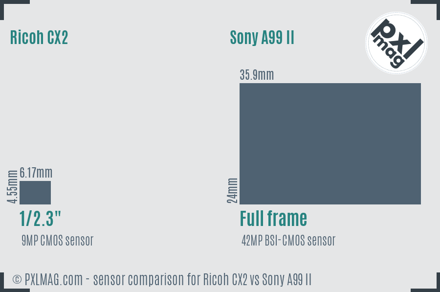 Ricoh CX2 vs Sony A99 II sensor size comparison Ricoh CX2 vs Sony A99 II sensor size comparison