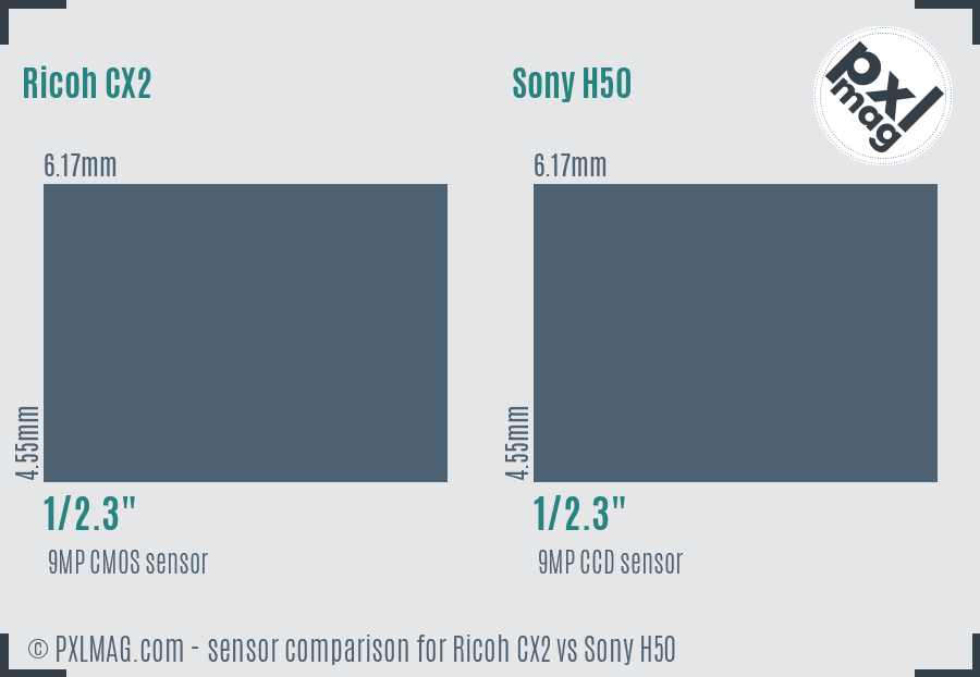 Ricoh CX2 vs Sony H50 sensor size comparison