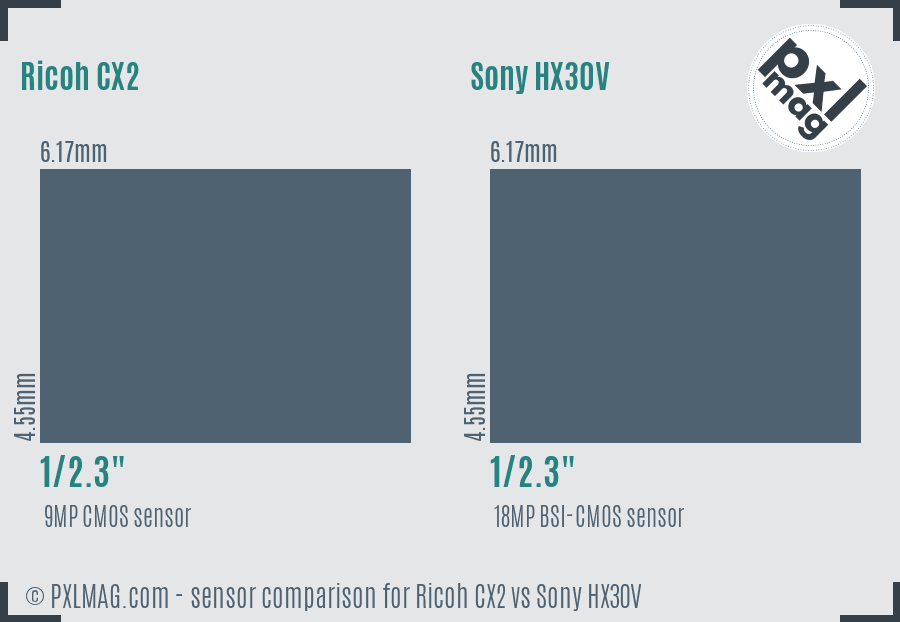 Ricoh CX2 vs Sony HX30V sensor size comparison