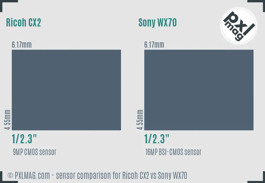 Ricoh CX2 vs Sony WX70 sensor size comparison