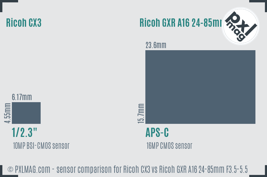 Ricoh CX3 vs Ricoh GXR A16 24-85mm F3.5-5.5 sensor size comparison