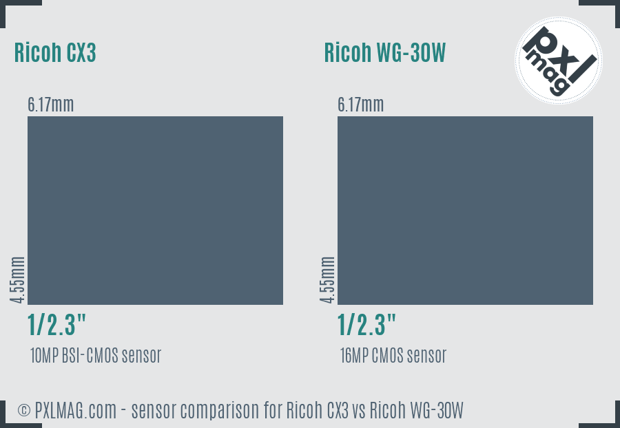 Ricoh CX3 vs Ricoh WG-30W sensor size comparison