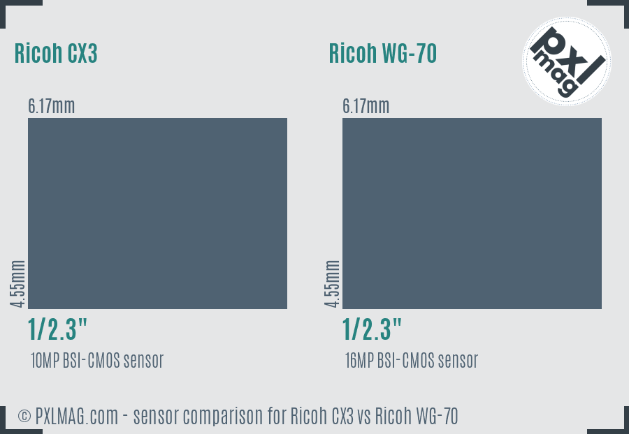 Ricoh CX3 vs Ricoh WG-70 sensor size comparison