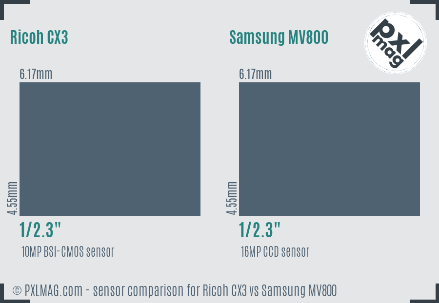 Ricoh CX3 vs Samsung MV800 sensor size comparison