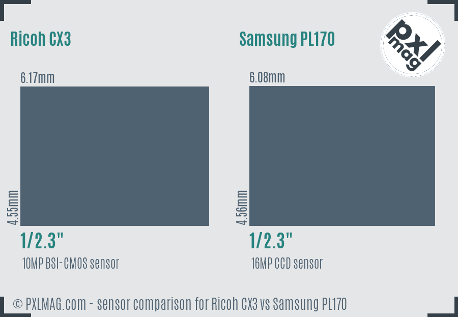 Ricoh CX3 vs Samsung PL170 sensor size comparison
