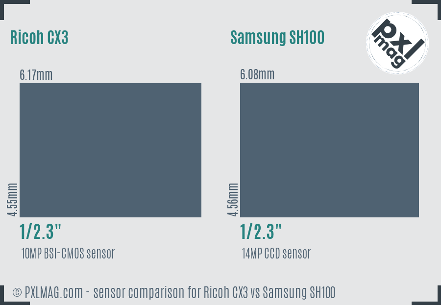Ricoh CX3 vs Samsung SH100 sensor size comparison