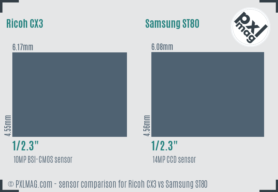 Ricoh CX3 vs Samsung ST80 sensor size comparison