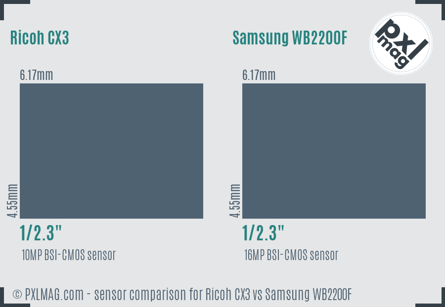 Ricoh CX3 vs Samsung WB2200F sensor size comparison