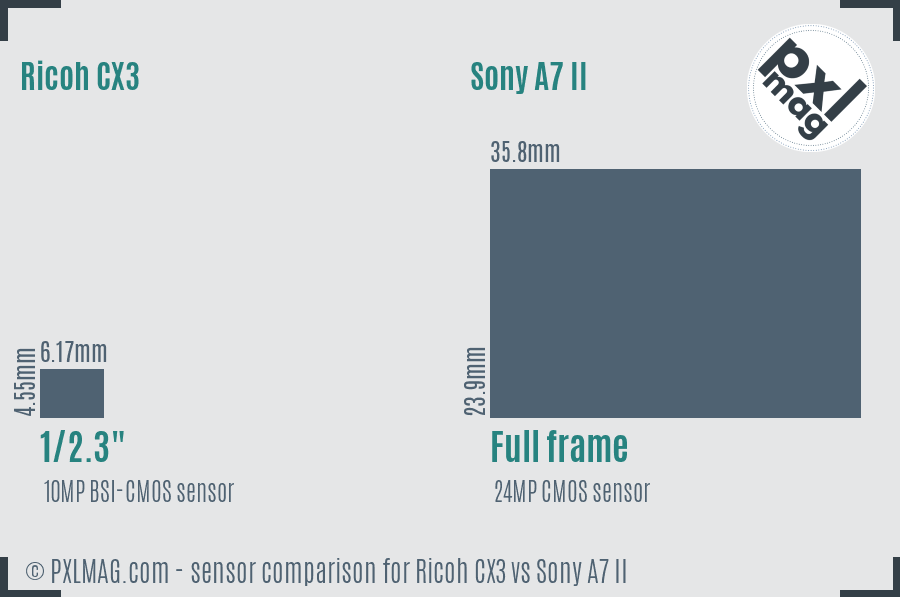 Ricoh CX3 vs Sony A7 II sensor size comparison