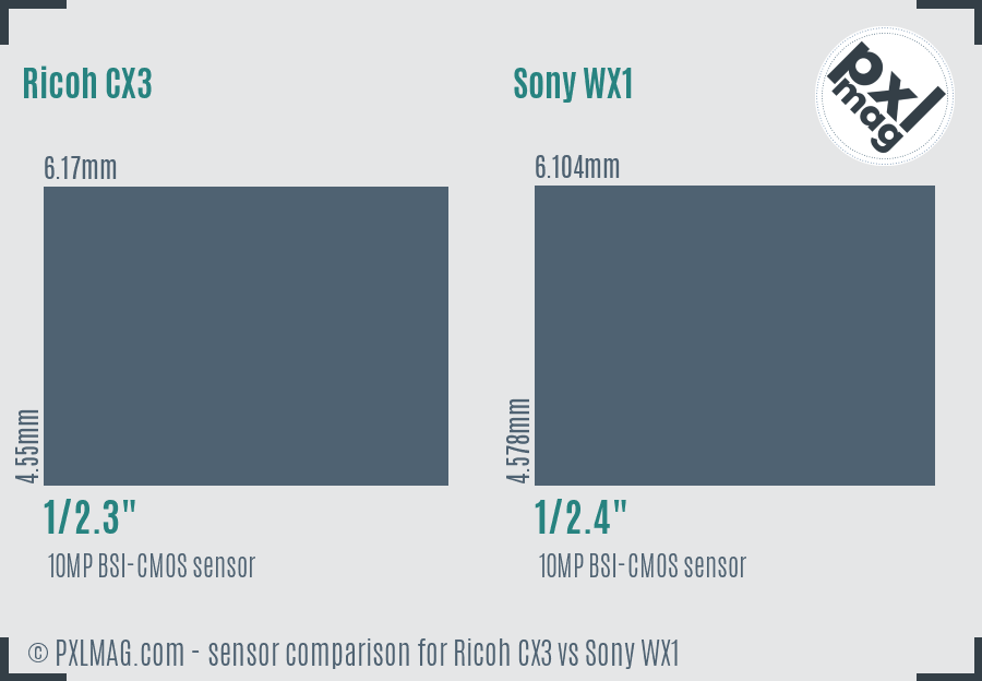 Ricoh CX3 vs Sony WX1 sensor size comparison