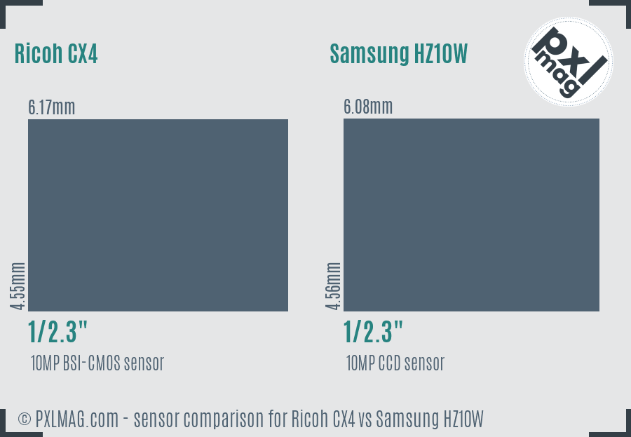 Ricoh CX4 vs Samsung HZ10W sensor size comparison