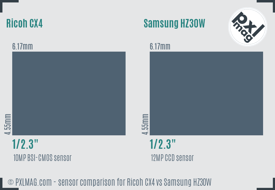 Ricoh CX4 vs Samsung HZ30W sensor size comparison