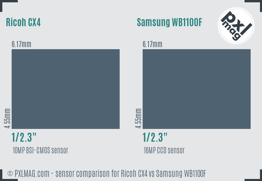 Ricoh CX4 vs Samsung WB1100F sensor size comparison