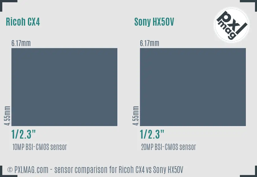 Ricoh CX4 vs Sony HX50V sensor size comparison