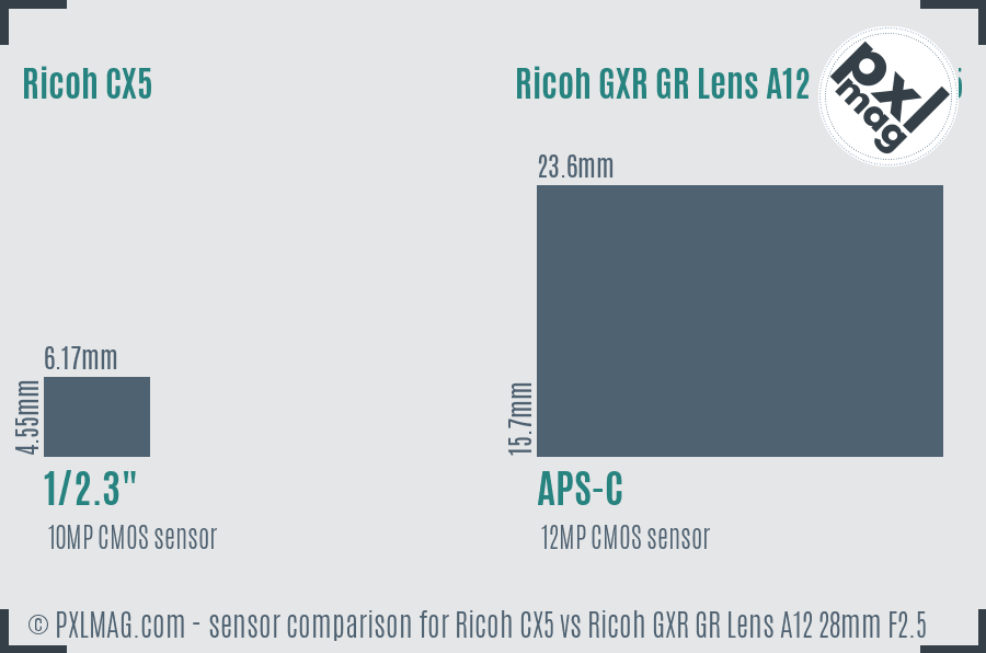 Ricoh CX5 vs Ricoh GXR GR Lens A12 28mm F2.5 sensor size comparison