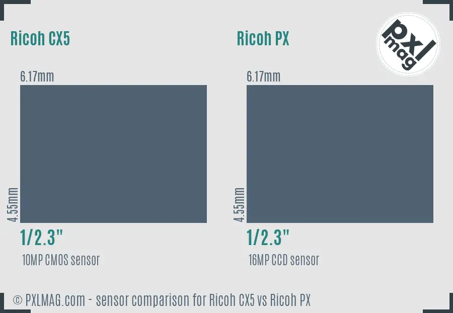 Ricoh CX5 vs Ricoh PX sensor size comparison