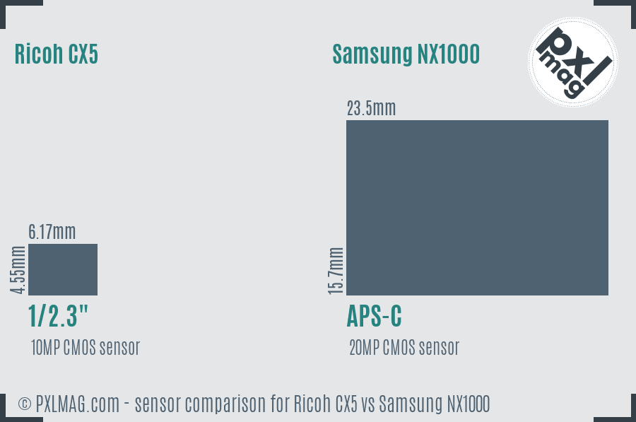 Ricoh CX5 vs Samsung NX1000 sensor size comparison