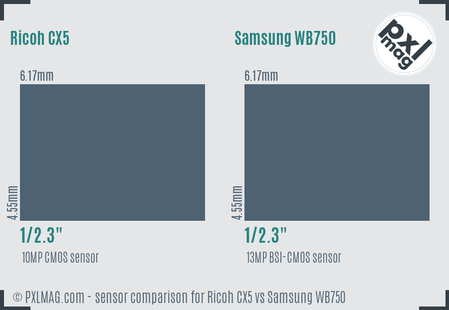 Ricoh CX5 vs Samsung WB750 sensor size comparison